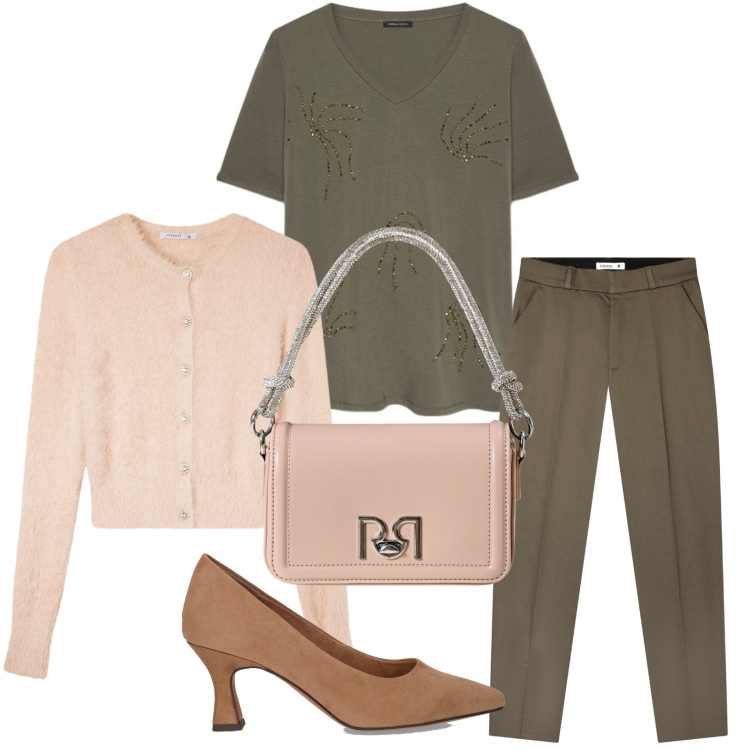 Outfit donna - La borsa irresistibile. Stile Minimal per Serata fuori. Abbinamento con cardigans, pantaloni chino, borse a mano, t-shirt, décolleté.
