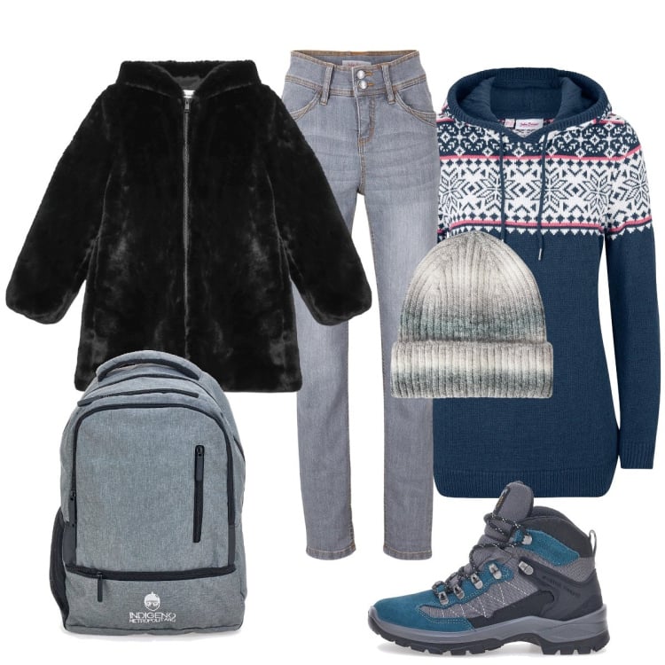 Outfit donna - Week-end in montagna. Stile Casual per Tutti i giorni. Abbinamento con maglieria, jeans slim fit, cappotti, berretti, stivaletti, zaini.