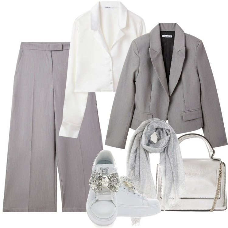 Outfit donna - Completo giacca e pantalone cropped. Stile Casual per Tutti i giorni. Abbinamento con pantaloni a palazzo, blazer, camicie, borse a tracolla, foulard, sneakers.