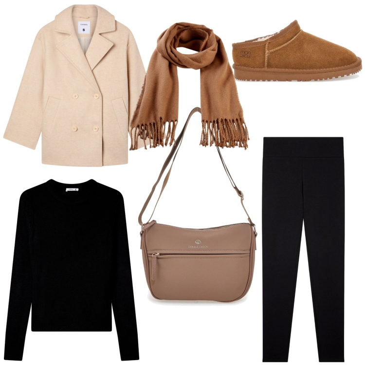Outfit donna - Al parco con le amiche. Stile Casual per Tutti i giorni. Abbinamento con sciarpe, caban, maglieria, leggings, zoccoli, borse a tracolla.