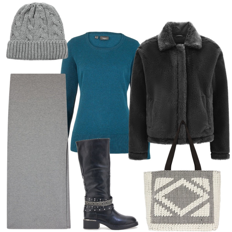 Outfit donna - Ottanio e grigio raffinato. Stile Minimal per Ufficio. Abbinamento con maglieria, gonne lunghe, berretti, cappotti, stivali, shopping bag.
