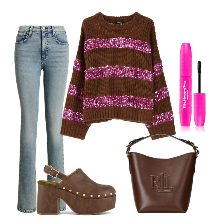 Outfit donna - Autumn. Stile Urban per Tutti i giorni. Abbinamento con mascara, maglieria, jeans bootcut, borse a secchiello, sabot.