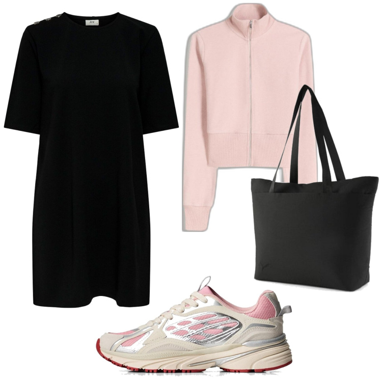 Outfit mujer - Casual look. Estilo Casual para Todos los días. Combinación con vestidos cortos, sneakers, sudaderas, bolso tote.
