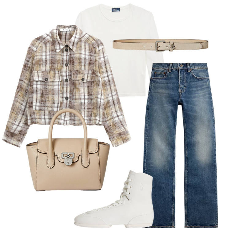 Outfit donna - City. Stile Urban per Tutti i giorni. Abbinamento con camicie, jeans bootcut, t-shirt, borse a mano, cinture, stivaletti.