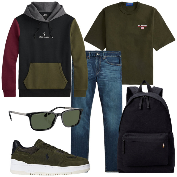 Outfit uomo - PolO. Stile Trendy per Tutti i giorni. Abbinamento con occhiali da sole, borse sportive, jeans, felpe con cappuccio, sneakers, t-shirt.