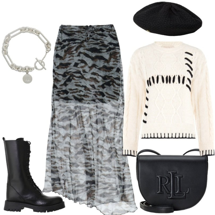 Outfit donna - Total look #2258081. Stile Urban per Tutti i giorni. Abbinamento con gonne lunghe, stivali, maglieria, borse a tracolla, braccialetti, berretti.