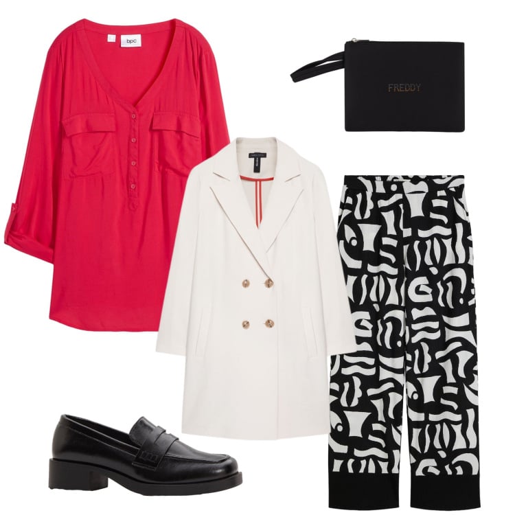 Outfit donna - Red passion. Stile Sporty chic per Ufficio. Abbinamento con bluse, pantaloni, mocassini, valigie, cappotti.