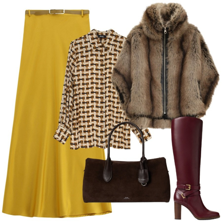 Outfit donna - Gonna lunga senape. Stile Vintage retrò per Ufficio. Abbinamento con gonne lunghe, camicie, blazer, stivali, borse a mano.