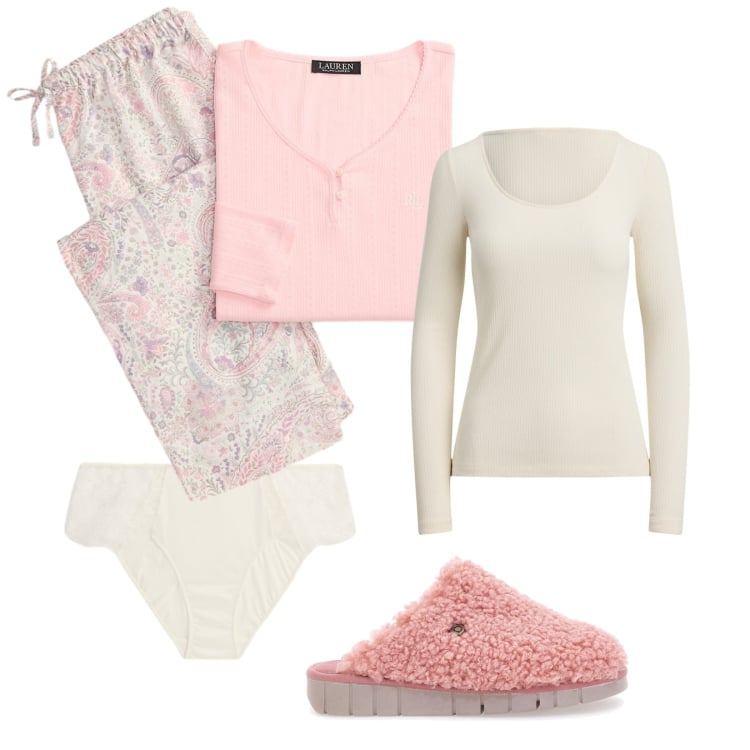 Outfit donna - Sogni d\'oro. Stile Casual per Tutti i giorni. Abbinamento con t-shirt, pigiama, culotte, pantofole.