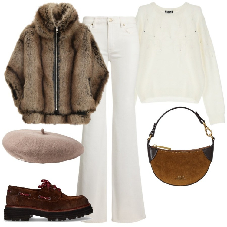Outfit donna - Smanicato fake fur. Stile Vintage retrò per Tutti i giorni. Abbinamento con blazer, maglieria, portafogli, jeans, berretti, mocassini.