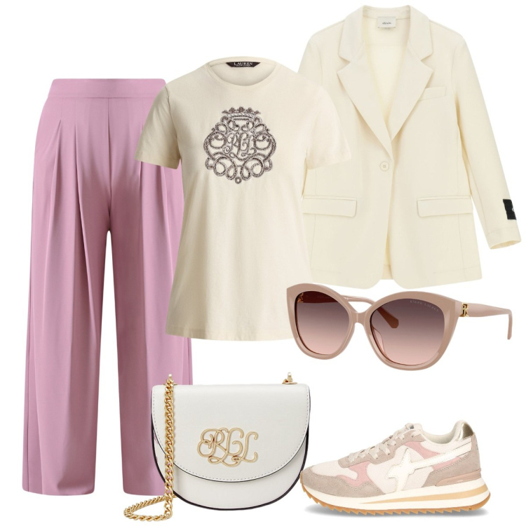 Outfit donna - Pantaloni rosa. Stile Basic per Tutti i giorni. Abbinamento con blazer, pantaloni a palazzo, borse a tracolla, occhiali da sole, t-shirt, sneakers.