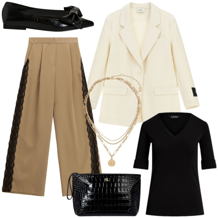 Outfit donna - Autunno chic. Stile Chic per Serata fuori. Abbinamento con ballerine, blazer, pantaloni a palazzo, ciondoli, pochette, t-shirt.