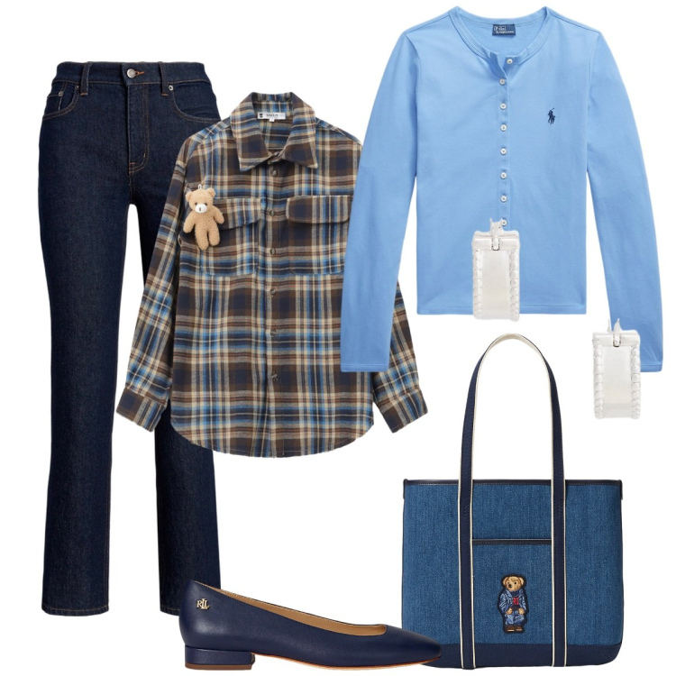 Outfit donna - L\'orsetto. Stile Casual per Tutti i giorni. Abbinamento con camicie, jeans bootcut, cardigans, ballerine, orecchini, borse tote.