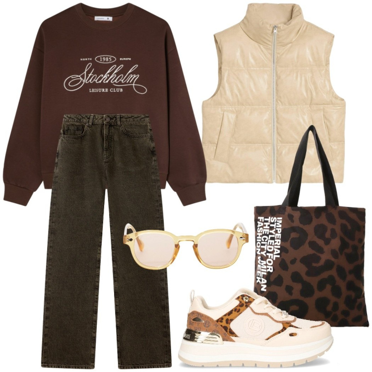 Outfit donna - Shopping in centro. Stile Casual chic per Tutti i giorni. Abbinamento con piumini, jeans dritti, felpe, occhiali da sole, shopping bag, sneakers.