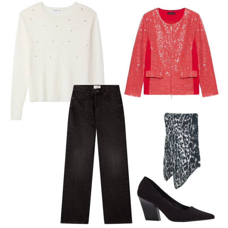 Outfit donna - Passa a prendermi alle 20. Stile Glamour per Serata fuori. Abbinamento con décolleté, maglieria, jeans dritti, sciarpe, blazer.
