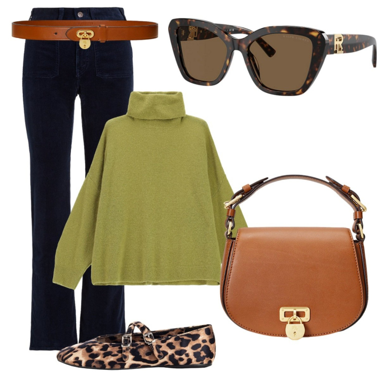 Outfit donna - Passeggiata all\'aria aperta. Stile Casual per Tutti i giorni. Abbinamento con ballerine, maglieria, borse a tracolla, occhiali da sole, cinture, pantaloni.