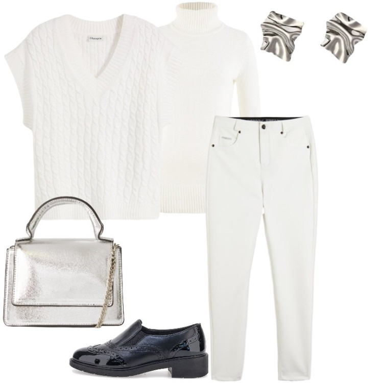 Outfit donna - Lo straordinario fascino dell\'Autunno. Stile Casual per Tutti i giorni. Abbinamento con maglieria, maglieria, borse a tracolla, pantaloni skinny, mocassini, orecchini.