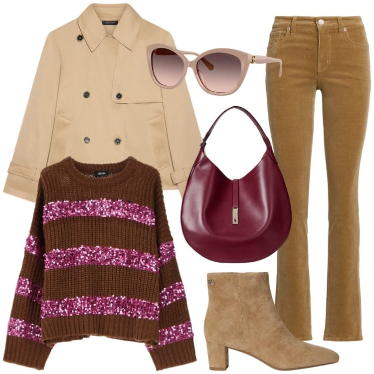 Outfit donna - Un maglione avvolgente. Stile Casual chic per Tutti i giorni. Abbinamento con maglieria, pantaloni, occhiali da sole, borse a spalla, stivaletti, trench.