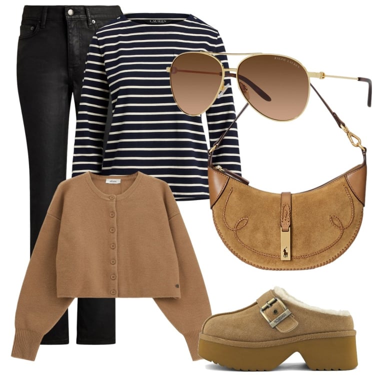 Outfit donna - Righe. Stile Basic per Tutti i giorni. Abbinamento con cardigans, maglieria, borse a spalla, jeans dritti, occhiali da sole, sabot.