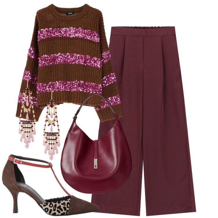 Outfit donna - Da mattina a sera. Stile Trendy per Ufficio. Abbinamento con pantaloni a palazzo, maglieria, décolleté, borse a spalla, orecchini.