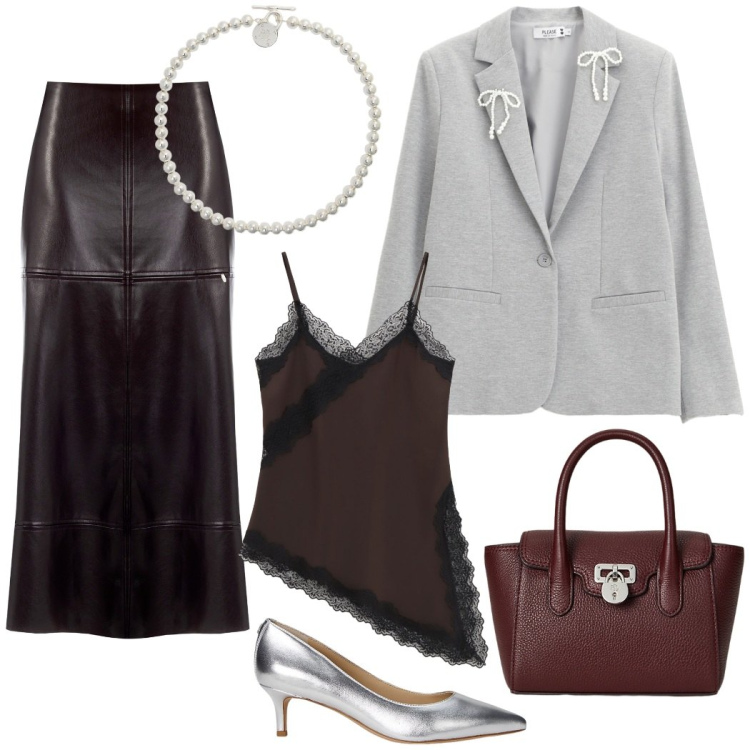 Outfit donna - Glamour autunnale. Stile Glamour per Serata fuori. Abbinamento con blazer, gonne longuette, canottiere, collane, décolleté, borse a mano.