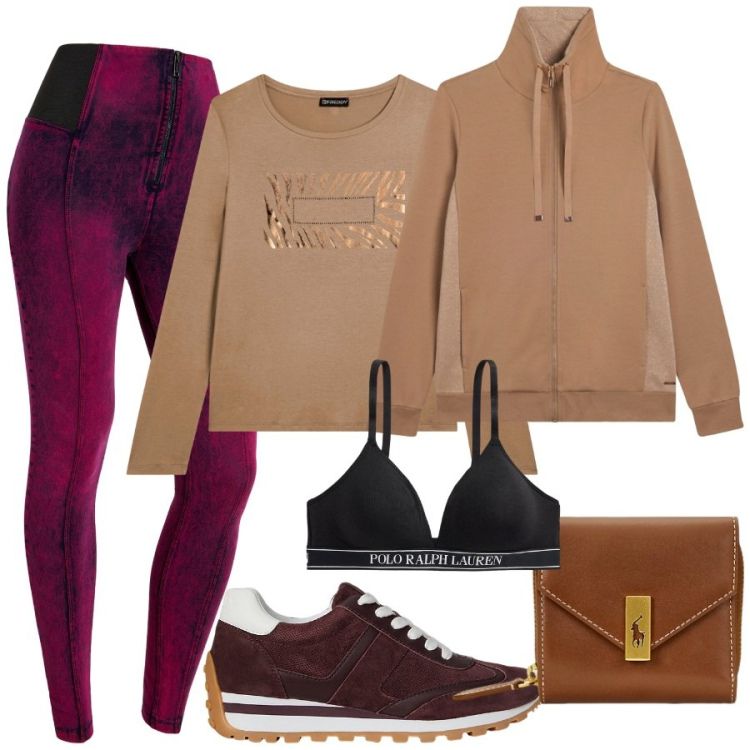 Outfit donna - Camminando nel verde. Stile Sporty chic per Sport. Abbinamento con jeggings, t-shirt, felpe, portafogli, sneakers, reggiseni.