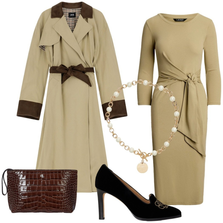 Outfit donna - Classico chic. Stile Chic per Serata fuori. Abbinamento con trench, collane, décolleté, pochette, vestiti.