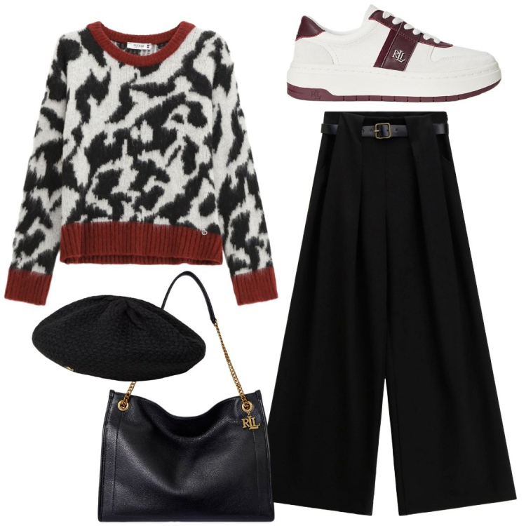 Outfit donna - Il maglione caldo. Stile Casual chic per Tutti i giorni. Abbinamento con pullovers, pantaloni a palazzo, sneakers, borse tote, berretti.