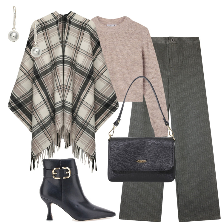 Outfit donna - City. Stile Urban per Tutti i giorni. Abbinamento con cappotti, maglieria, pantaloni, borse a tracolla, orecchini, stivaletti.