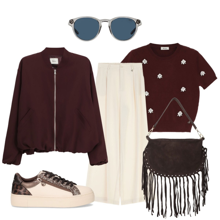 Outfit donna - Bianco e bordeaux autunnale. Stile Glamour per Tutti i giorni. Abbinamento con borse a tracolla, maglieria, bomber, pantaloni a palazzo, occhiali da sole, sneakers.