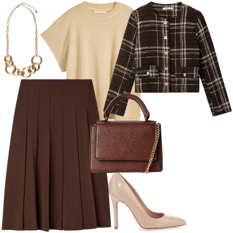 Outfit donna - le decolletè nude. Stile Chic per Tutti i giorni. Abbinamento con maglieria, borse a tracolla, gonne lunghe, blazer, décolleté, collane.