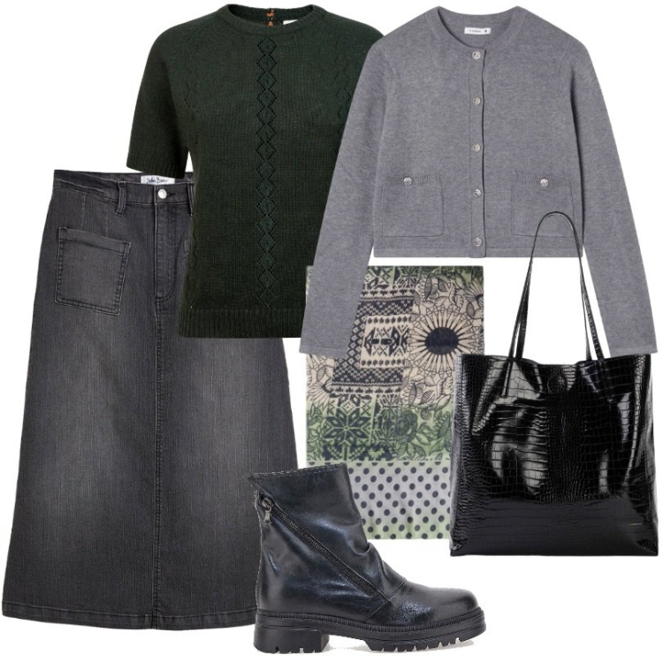 Outfit donna - Gonna midi di jeans. Stile Casual per Tutti i giorni. Abbinamento con gonne longuette, shopping bag, cardigans, stivaletti, maglieria, stole.