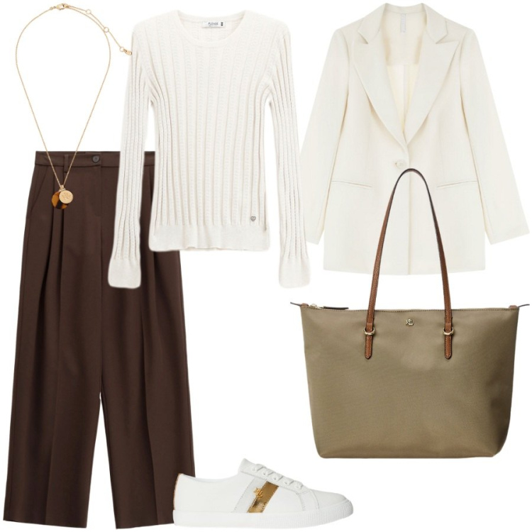 Outfit donna - Color crema. Stile Casual chic per Ufficio. Abbinamento con pullovers, blazer, pantaloni a palazzo, borse tote, collane, sneakers.