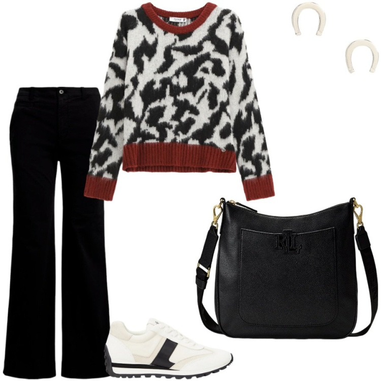 Outfit donna - Total look #2258124. Stile Casual chic per Ufficio. Abbinamento con pullovers, borse a tracolla, sneakers, pantaloni, orecchini.