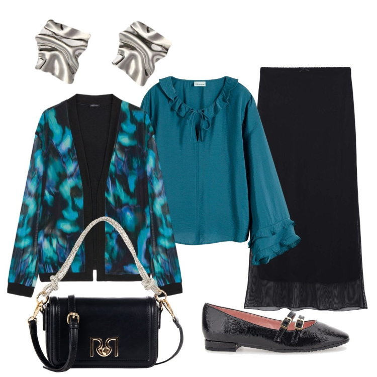 Outfit donna - Cena di lavoro. Stile Glamour per Serata fuori. Abbinamento con bluse, gonne lunghe, borse a mano, ballerine, orecchini, blazer.