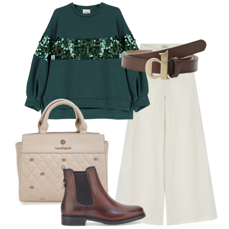 Outfit donna - La felpa elegante. Stile Casual chic per Ufficio. Abbinamento con felpe, pantaloni, cinture, stivaletti, borse a mano.