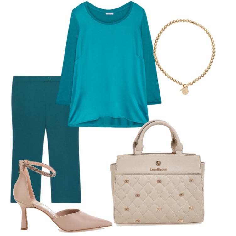 Outfit donna - Ottanio Power. Stile Casual chic per Scuola/Università. Abbinamento con collane, décolleté, bluse, borse a mano, pantaloni.