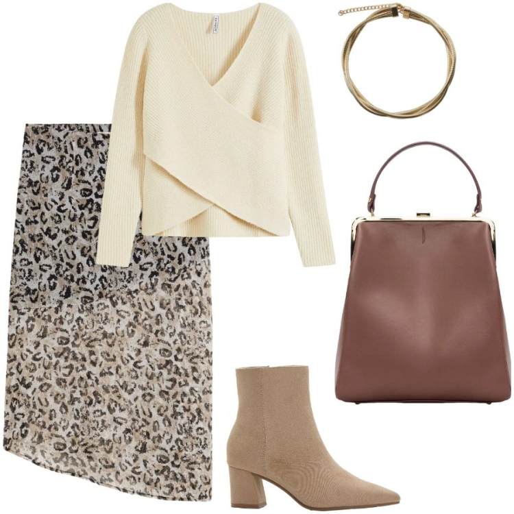 Outfit donna - Longuette animalier. Stile Chic per Serata fuori. Abbinamento con maglieria, gonne longuette, stivaletti, collane, borse a spalla.