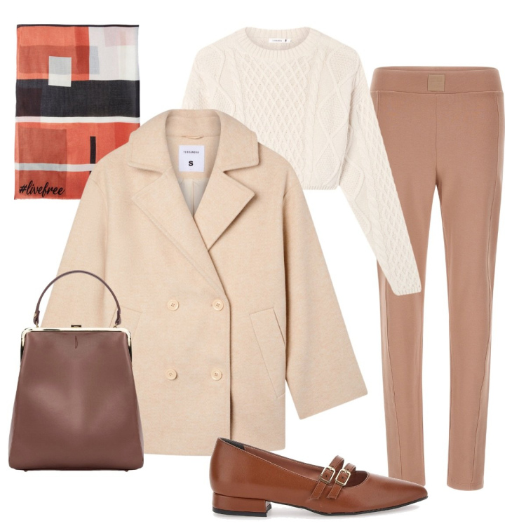 Outfit donna - Una fredda giornata d\'autunno. Stile Casual per Tutti i giorni. Abbinamento con caban, maglieria, pantaloni, ballerine, borse a spalla, sciarpe.