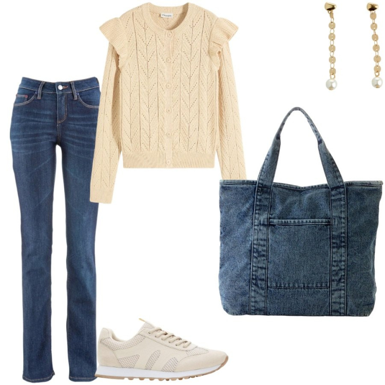 Outfit donna - Università. Stile Casual per Scuola/Università. Abbinamento con cardigans, jeans dritti, sneakers, shopping bag, orecchini.