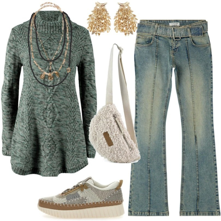 Outfit donna - Total look #2258134. Stile Basic per Tutti i giorni. Abbinamento con maglieria, jeans a zampa, orecchini, collane, sneakers, marsupi.