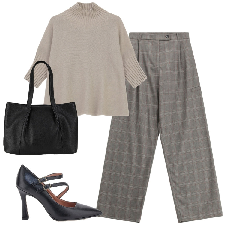 Outfit donna - City. Stile Urban per Tutti i giorni. Abbinamento con shopping bag, pantaloni a palazzo, maglieria, décolleté.