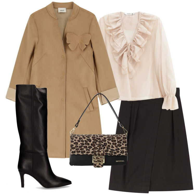 Outfit donna - Gonna e stivali. Stile Glamour per Serata fuori. Abbinamento con camicie, borse a spalla, gonne longuette, cappotti, stivali.