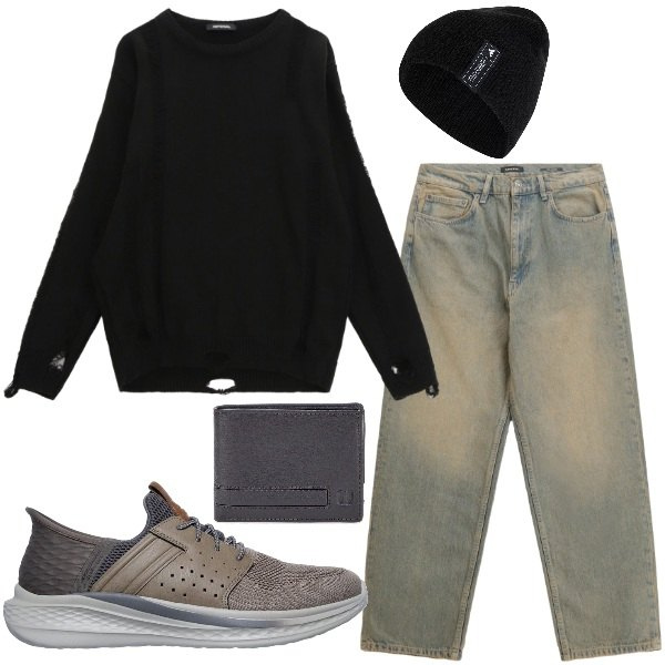 Outfit uomo - c\'era una volta il grunge. Stile Urban per Tutti i giorni. Abbinamento con maglieria, jeans, portafogli, berretti, sneakers.