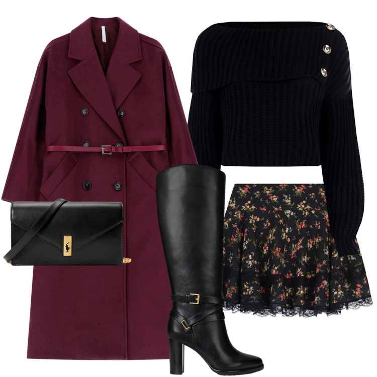 Outfit donna - Gonna e stivali. Stile Glamour per Serata fuori. Abbinamento con minigonne, maglieria, cappotti, clutch, stivali.