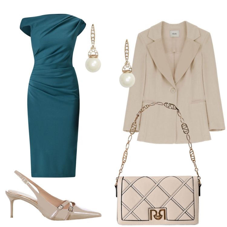 Outfit donna - Sere in ottanio. Stile Glamour per Serata fuori. Abbinamento con vestiti a tubino, borse a tracolla, décolleté, blazer, orecchini.