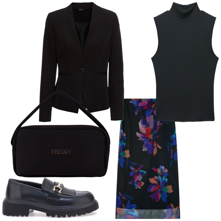 Outfit donna - Fiori in autunno. Stile Chic per Serata fuori. Abbinamento con blazer, gonne lunghe, top, borse a mano, mocassini.