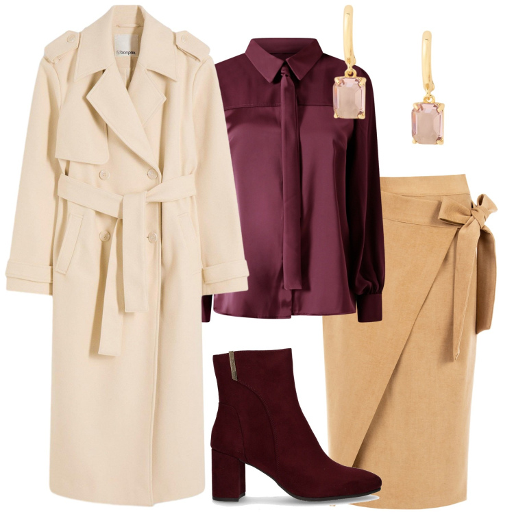 Outfit donna - Total look #2258163. Stile Romantica per Serata fuori. Abbinamento con trench, camicie, gonne longuette, orecchini, stivaletti.