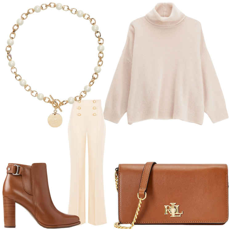 Outfit donna - Delicatezze. Stile Chic per Serata fuori. Abbinamento con pantaloni, maglieria, borse a mano, collane, stivaletti.