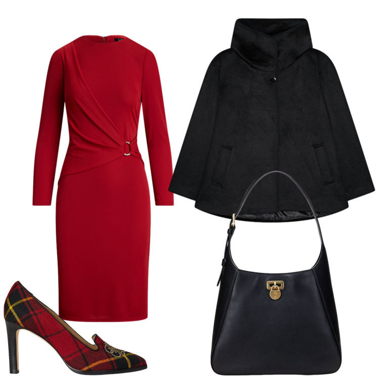 Outfit donna - Rosso a teatro. Stile Chic per Serata fuori. Abbinamento con vestiti, borse a spalla, décolleté, caban.